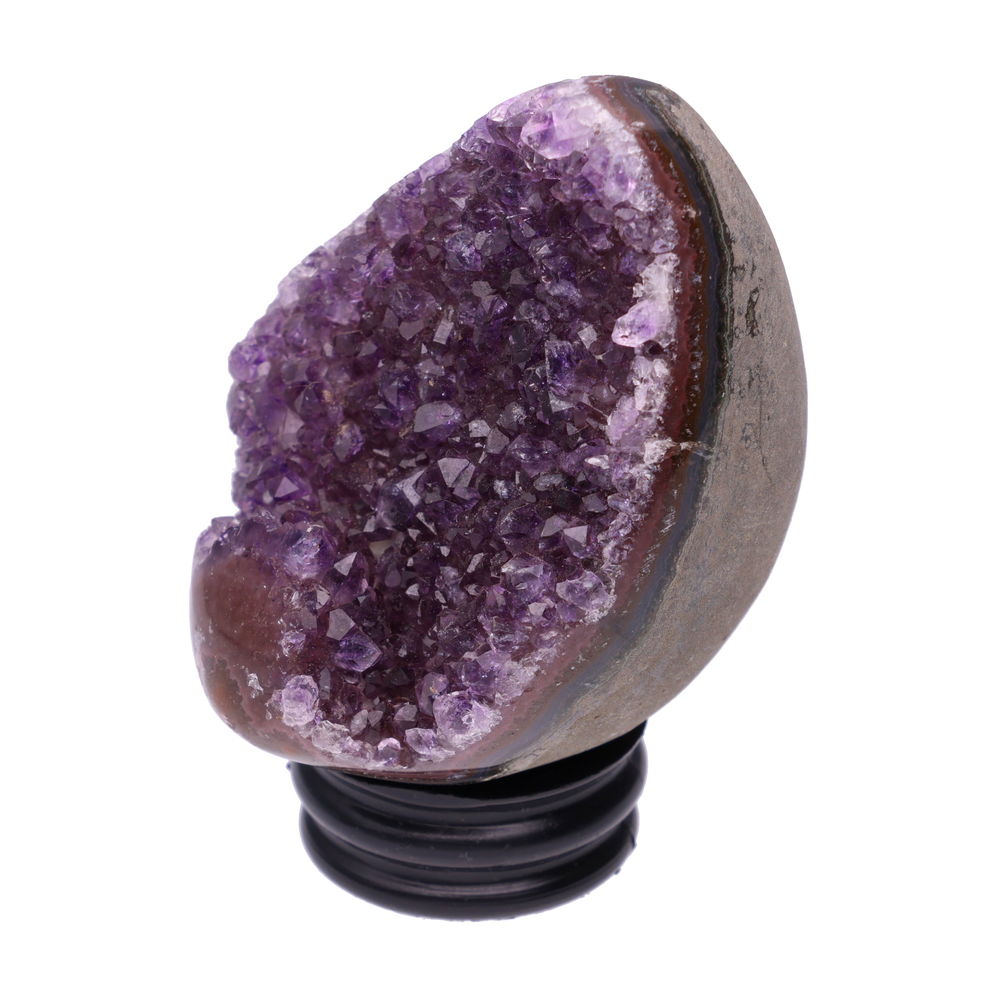 Kleines Amethyst Rainbow Ei mit natürlicher Druzy- Kristalloberfläche und Farbspiel aus Violett, Purpur und warmen Naturtönen.