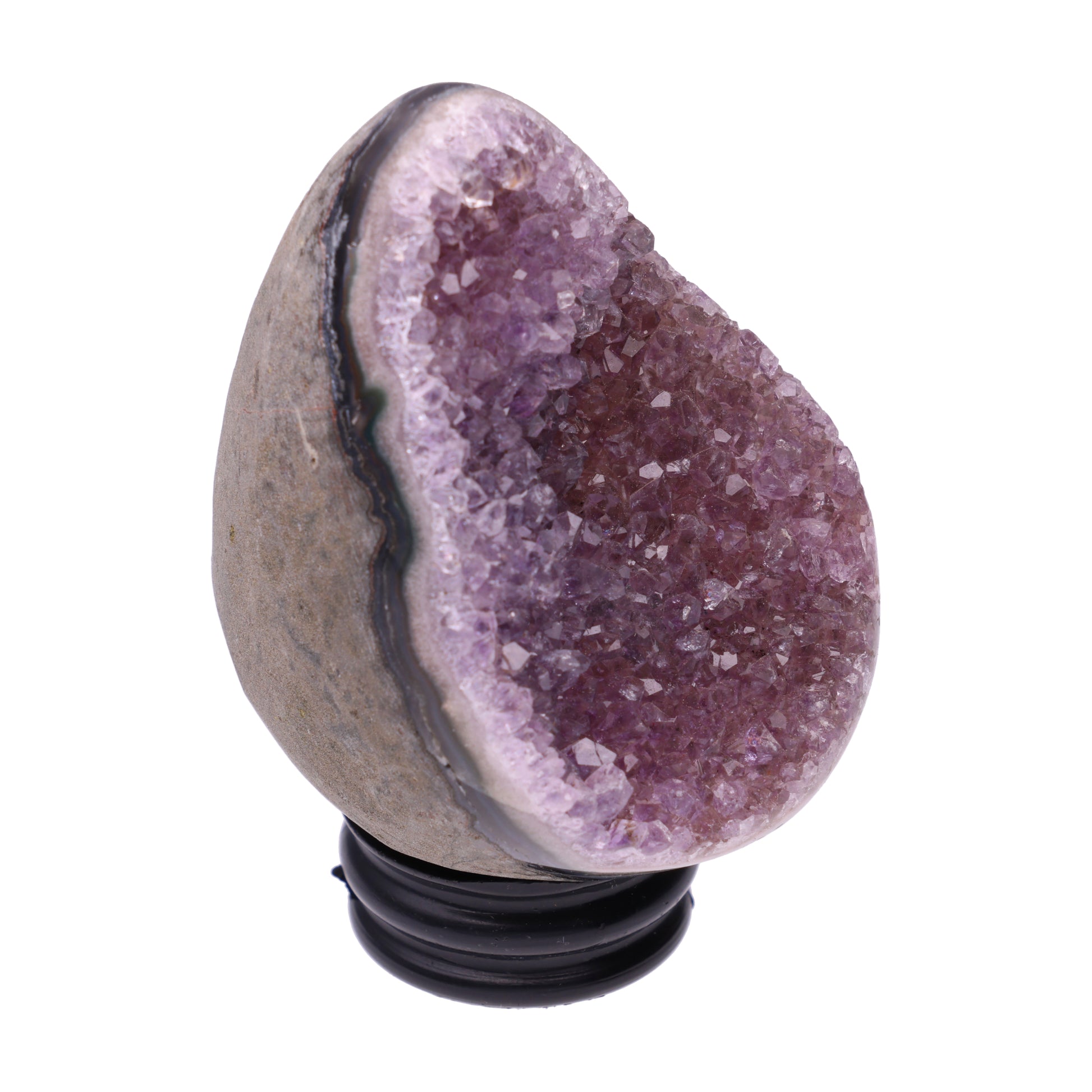Kleines Amethyst Rainbow Ei mit natürlicher Druzy- Kristalloberfläche und Farbspiel aus Violett, Purpur und warmen Naturtönen.