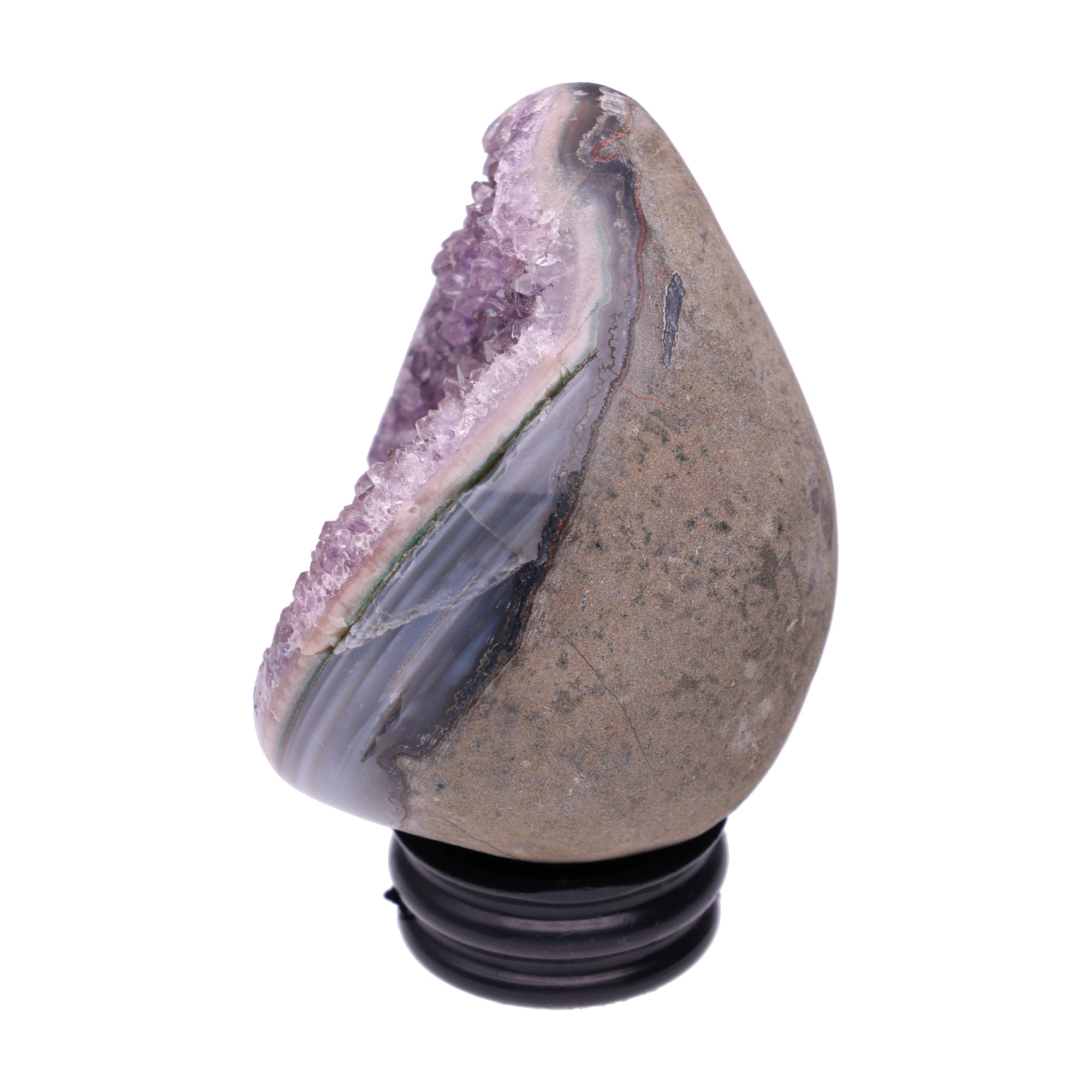 Kleines Amethyst Rainbow Ei mit natürlicher Druzy- Kristalloberfläche und Farbspiel aus Violett, Purpur und warmen Naturtönen.