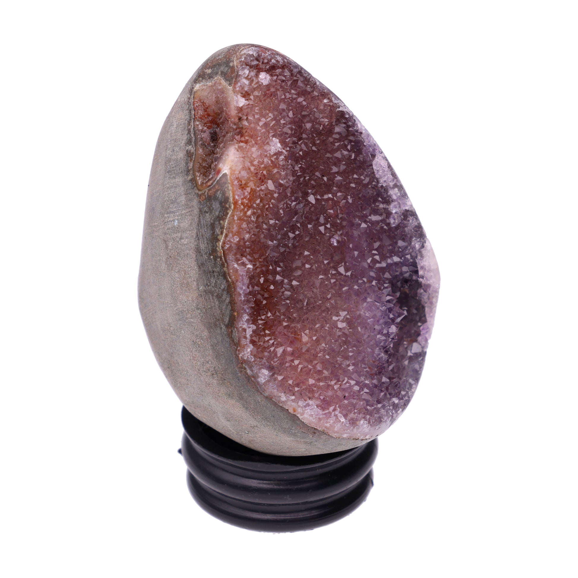 Kleines Amethyst Rainbow Ei mit natürlicher Druzy- Kristalloberfläche und Farbspiel aus Violett, Purpur und warmen Naturtönen.