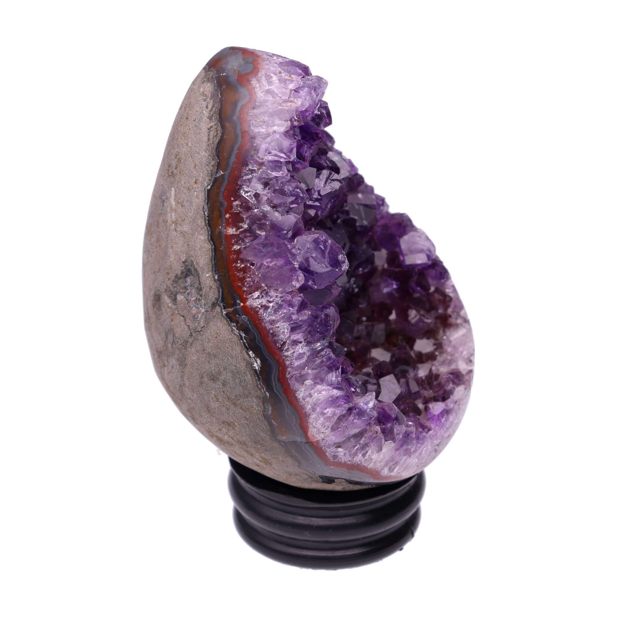 Kleines Amethyst Rainbow Ei mit natürlicher Druzy- Kristalloberfläche und Farbspiel aus Violett, Purpur und warmen Naturtönen.