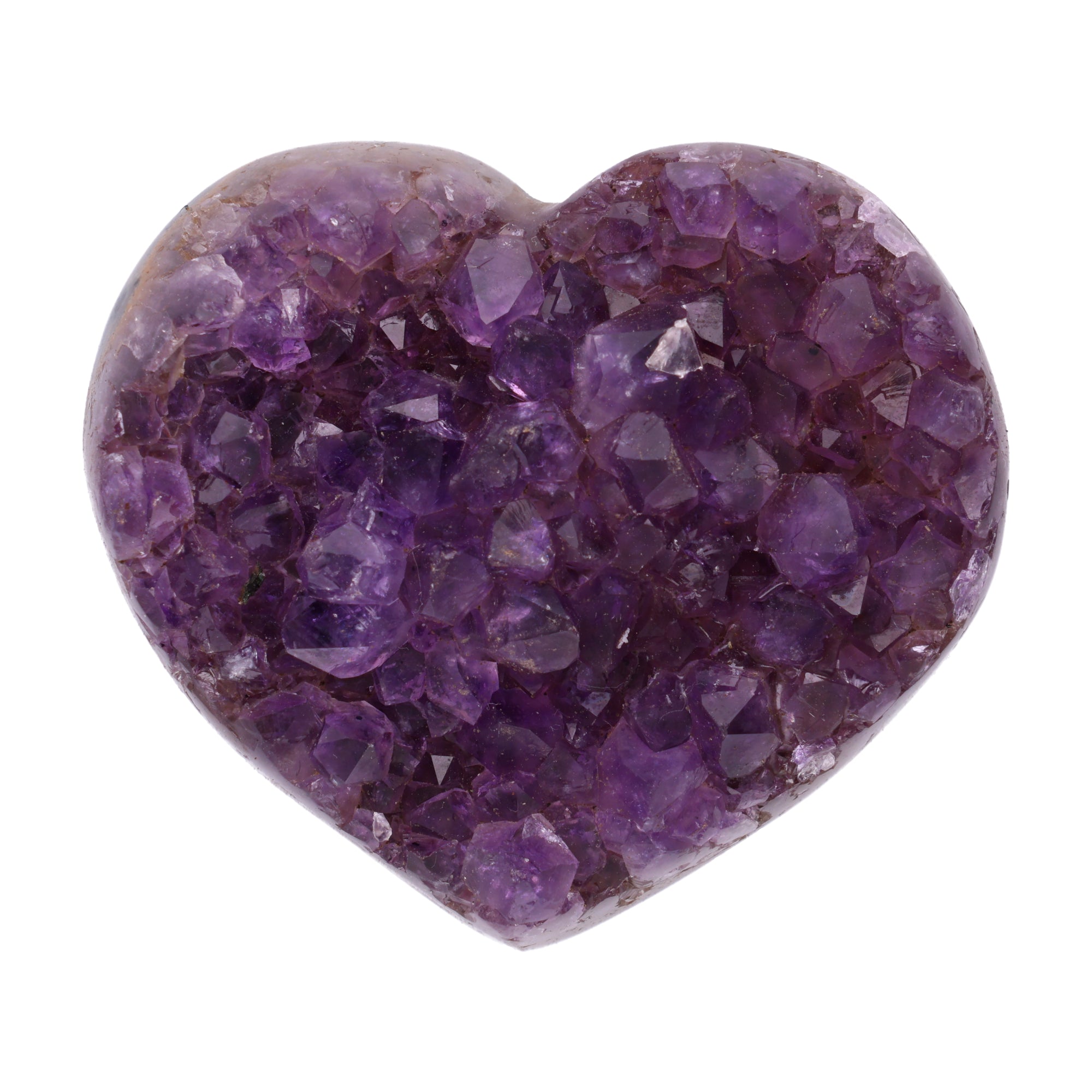 Kleines Amethyst Rainbow Herz mit natürlicher Druzy-Kristalloberfläche und Farbspiel aus Violett, Purpur und warmen Naturtönen.