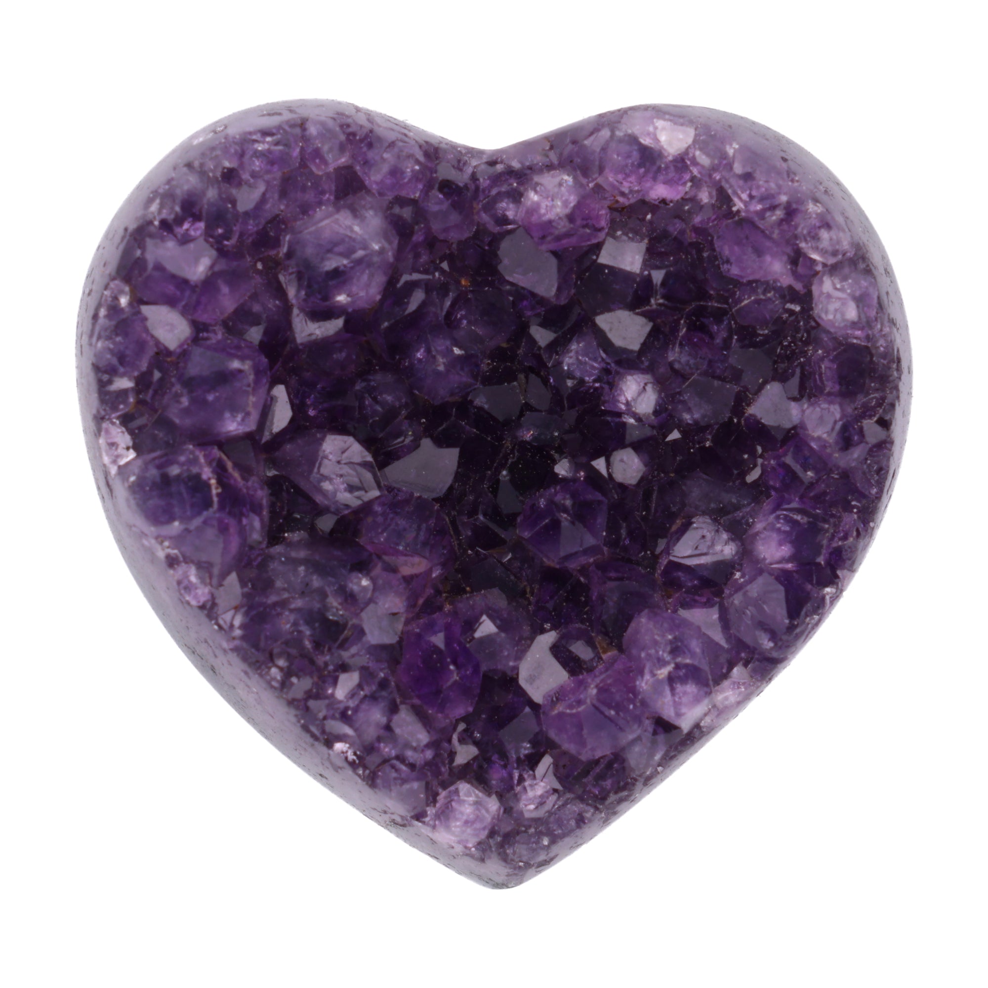 Kleines Amethyst Rainbow Herz mit natürlicher Druzy-Kristalloberfläche und Farbspiel aus Violett, Purpur und warmen Naturtönen.