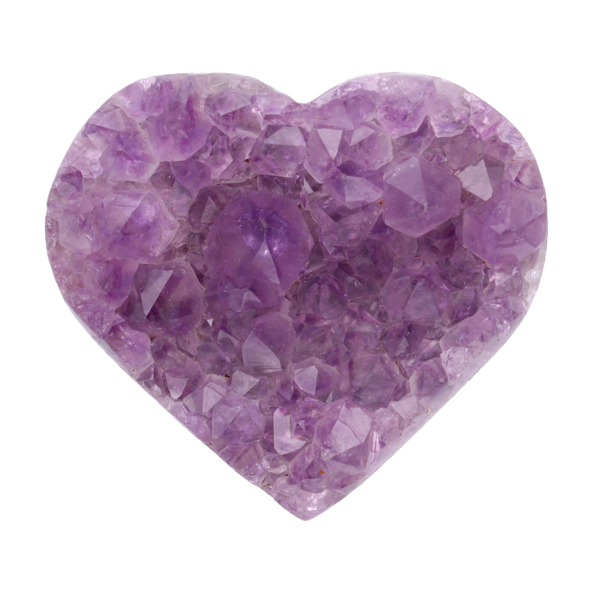 Kleines Amethyst Rainbow Herz mit natürlicher Druzy-Kristalloberfläche und Farbspiel aus Violett, Purpur und warmen Naturtönen.