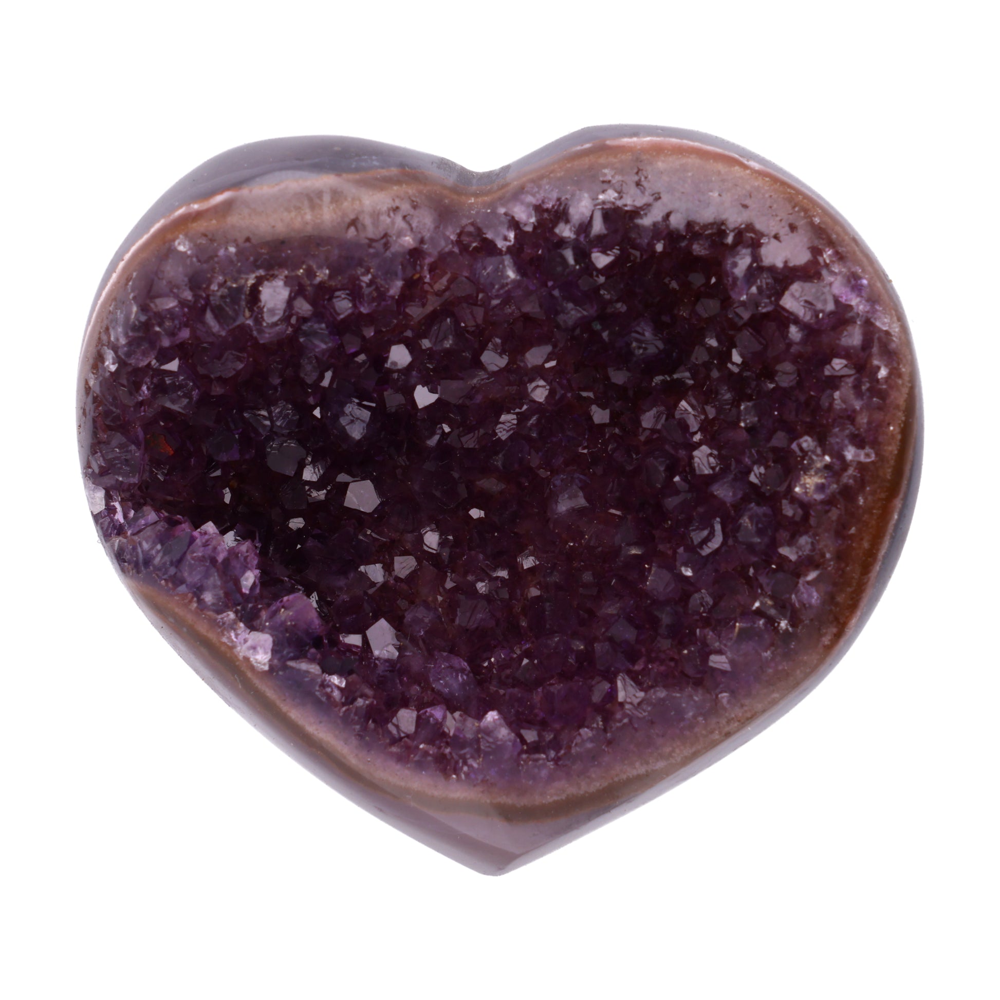 Kleines Amethyst Rainbow Herz mit natürlicher Druzy-Kristalloberfläche und Farbspiel aus Violett, Purpur und warmen Naturtönen.