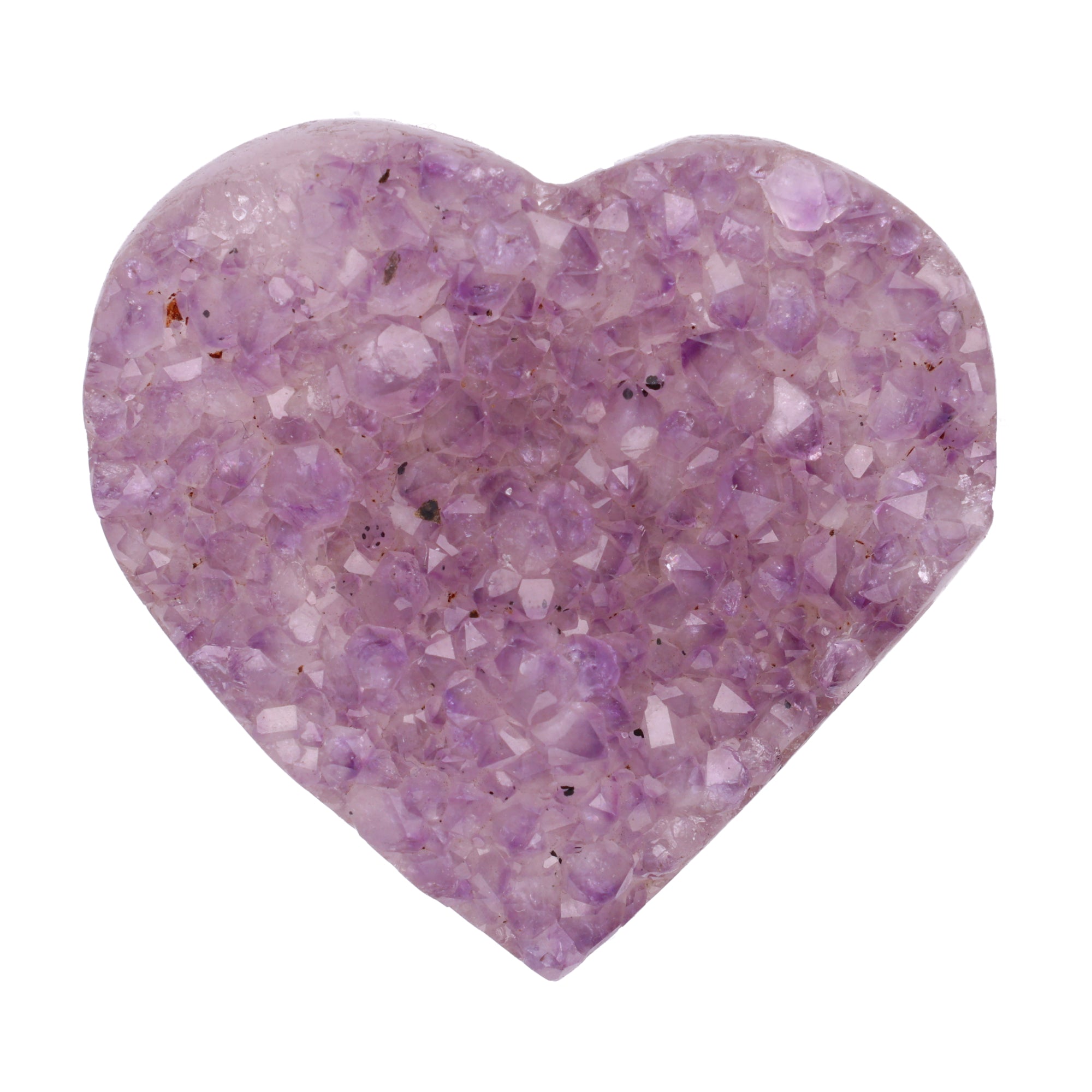 Kleines Amethyst Rainbow Herz mit natürlicher Druzy-Kristalloberfläche und Farbspiel aus Violett, Purpur und warmen Naturtönen.