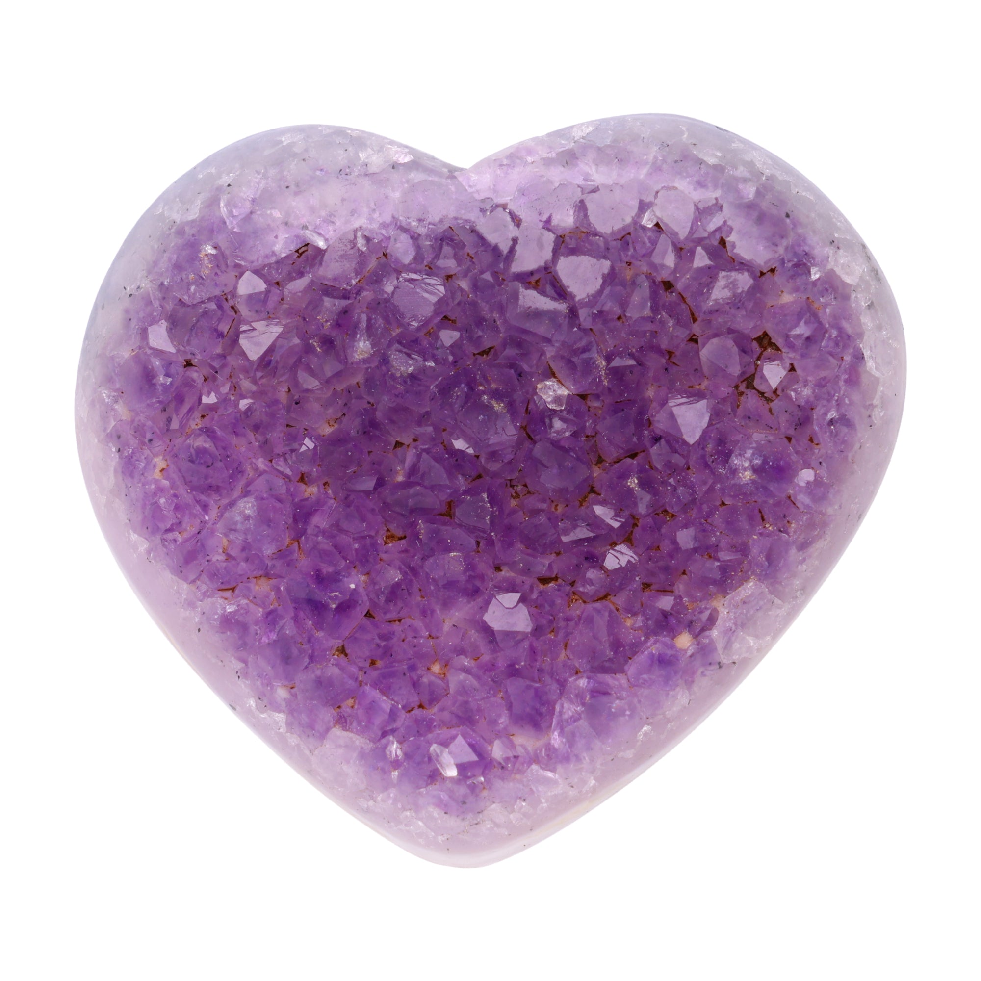 Kleines Amethyst Rainbow Herz mit natürlicher Druzy-Kristalloberfläche und Farbspiel aus Violett, Purpur und warmen Naturtönen.