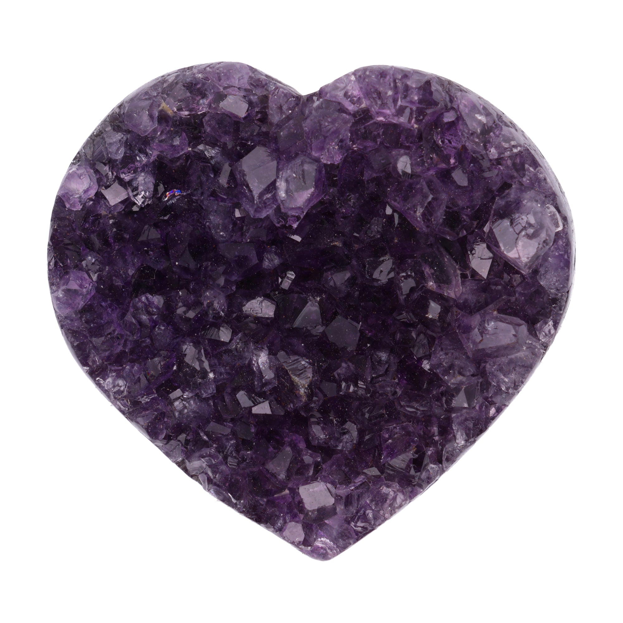 Kleines Amethyst Rainbow Herz mit natürlicher Druzy-Kristalloberfläche und Farbspiel aus Violett, Purpur und warmen Naturtönen.