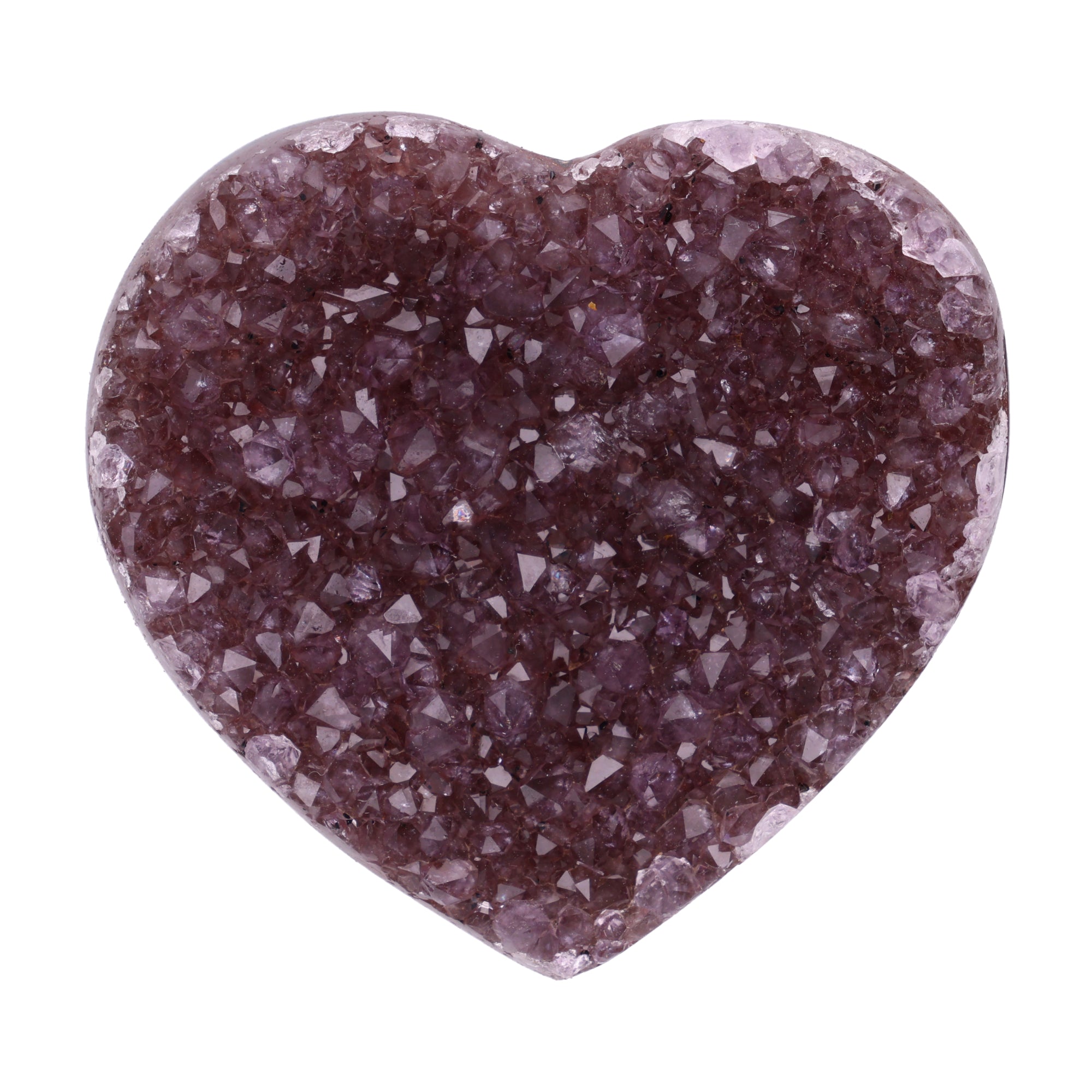 Kleines Amethyst Rainbow Herz mit natürlicher Druzy-Kristalloberfläche und Farbspiel aus Violett, Purpur und warmen Naturtönen.