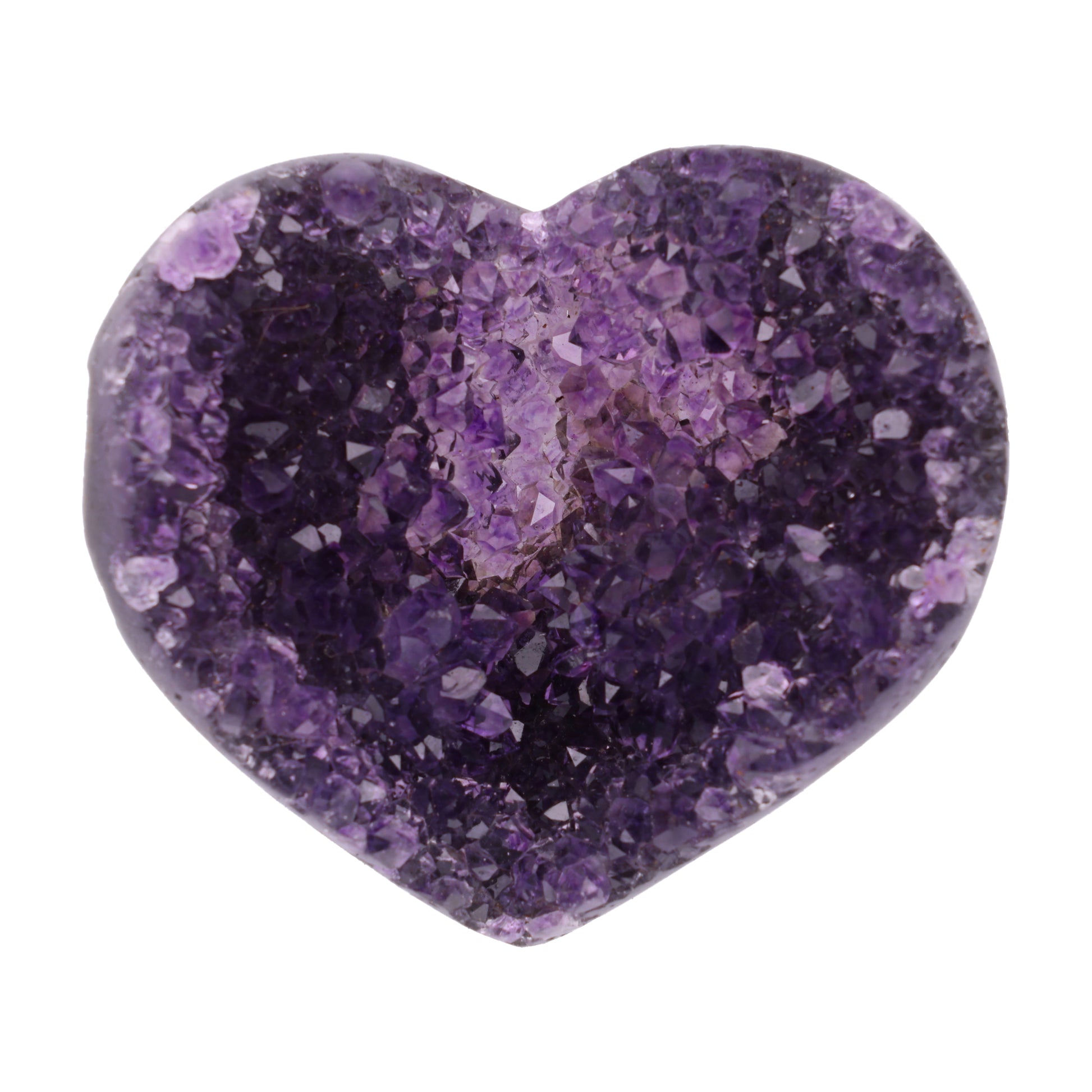 Kleines Amethyst Rainbow Herz mit natürlicher Druzy-Kristalloberfläche und Farbspiel aus Violett, Purpur und warmen Naturtönen.
