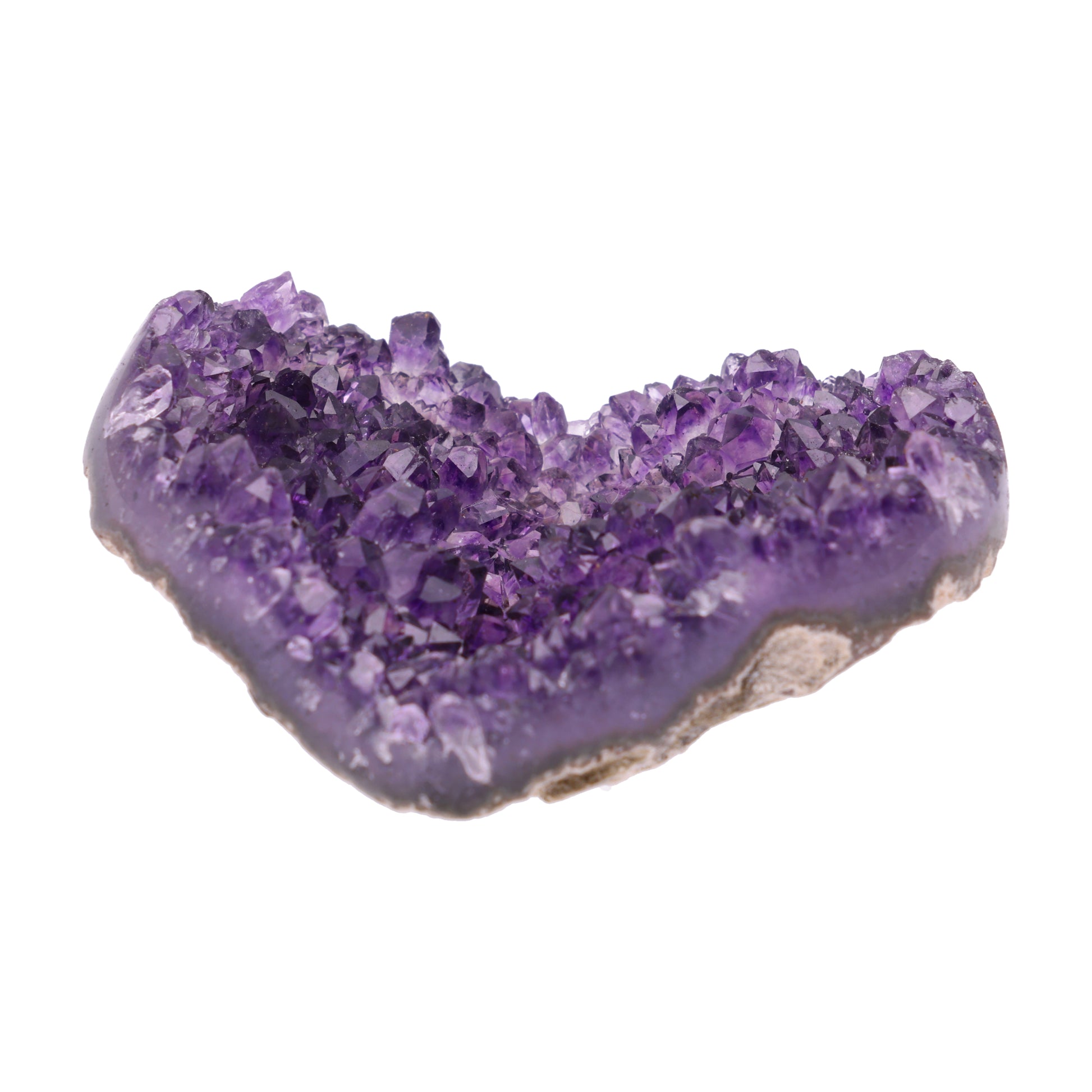 Kleines Amethyst Rainbow Herz mit natürlicher Druzy-Kristalloberfläche und Farbspiel aus Violett, Purpur und warmen Naturtönen.
