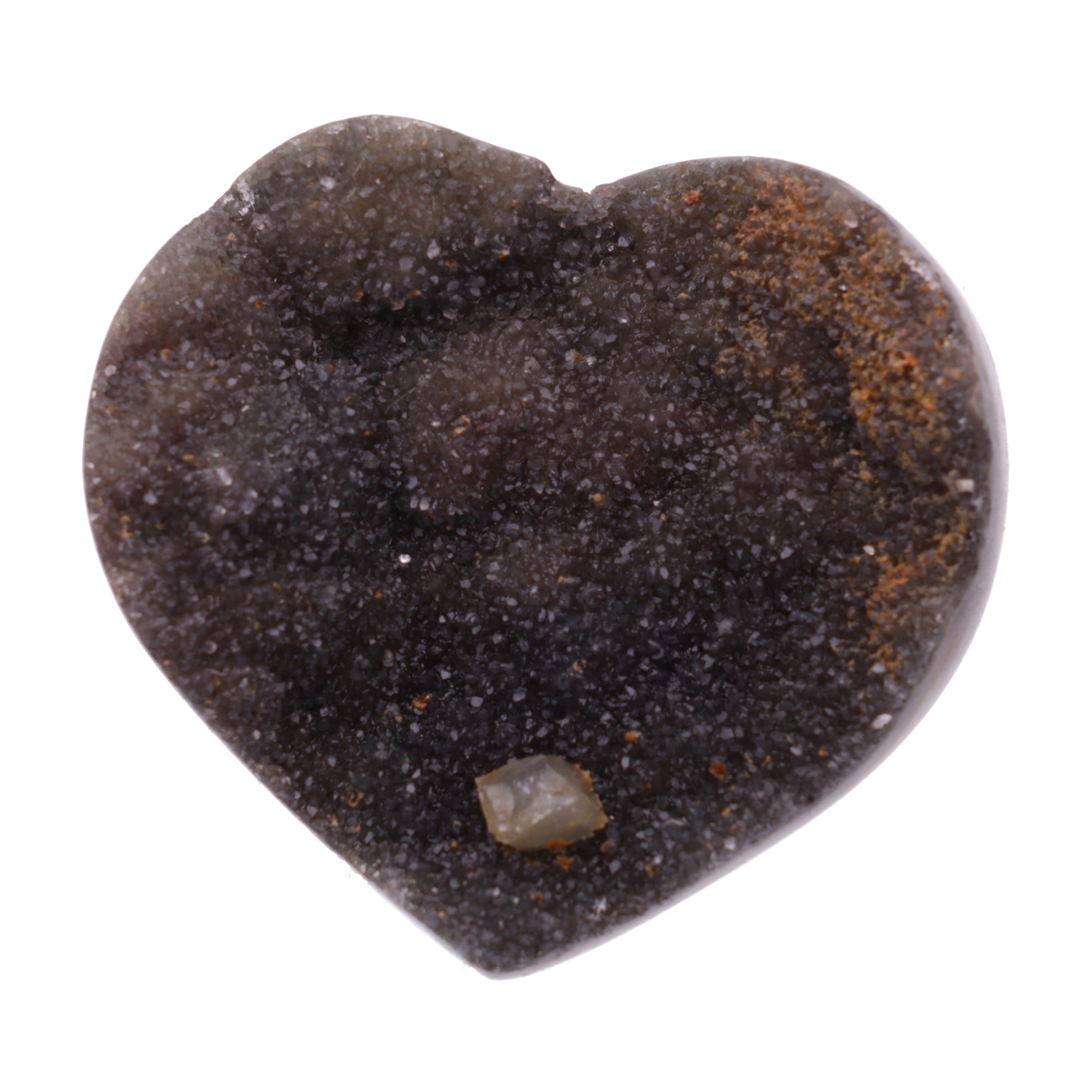 Kleines Amethyst Rainbow Herz mit natürlicher Druzy-Kristalloberfläche und Farbspiel aus Violett, Purpur und warmen Naturtönen.