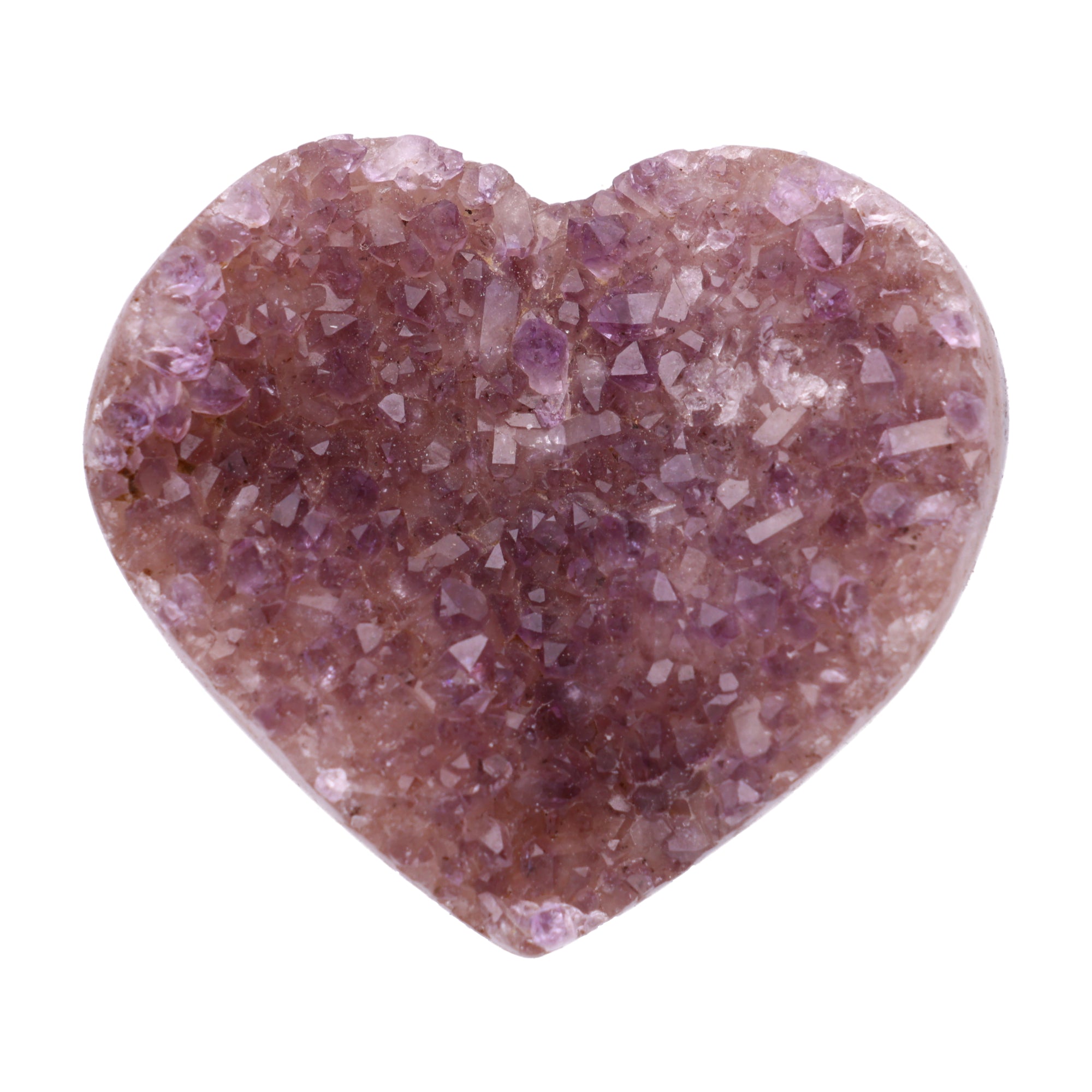 Kleines Amethyst Rainbow Herz mit natürlicher Druzy-Kristalloberfläche und Farbspiel aus Violett, Purpur und warmen Naturtönen.