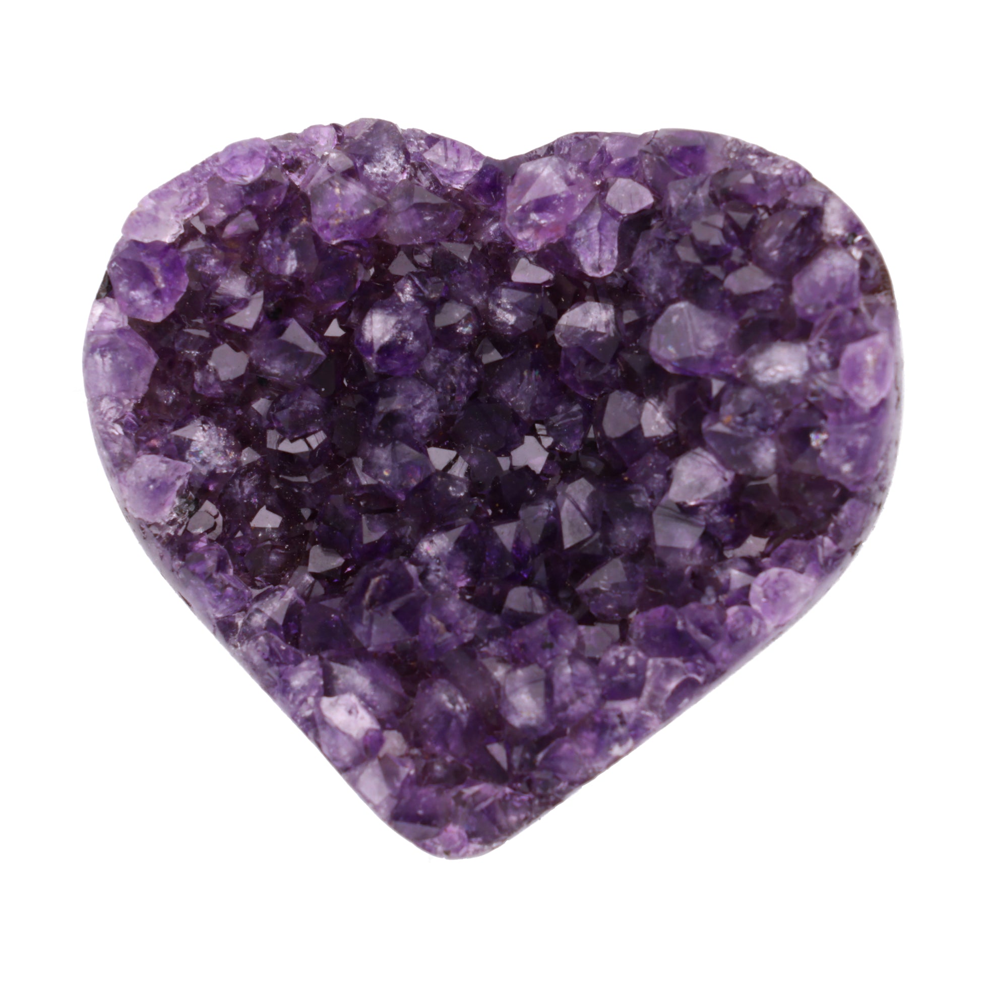 Kleines Amethyst Rainbow Herz mit natürlicher Druzy-Kristalloberfläche und Farbspiel aus Violett, Purpur und warmen Naturtönen.