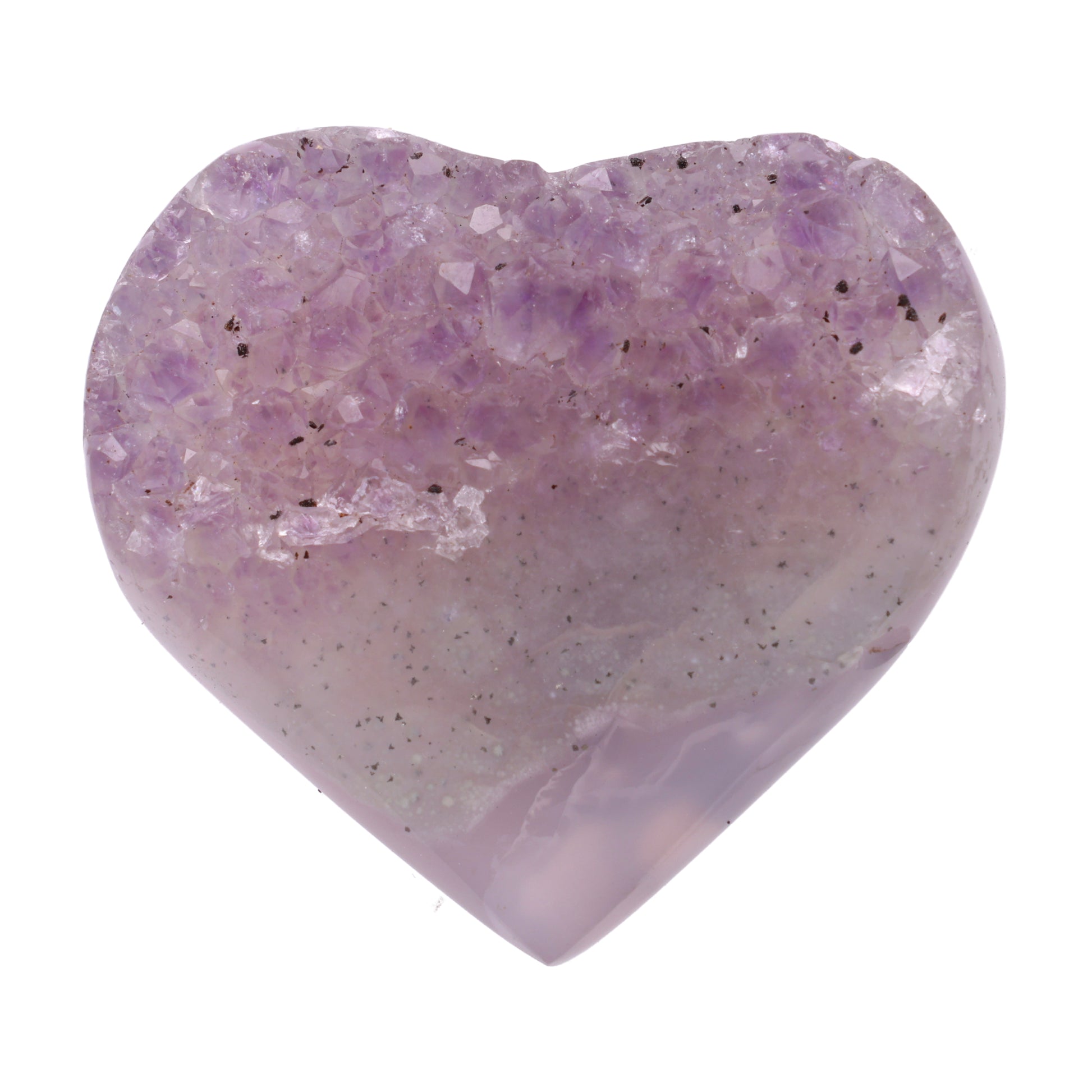 Kleines Amethyst Rainbow Herz mit natürlicher Druzy-Kristalloberfläche und Farbspiel aus Violett, Purpur und warmen Naturtönen.