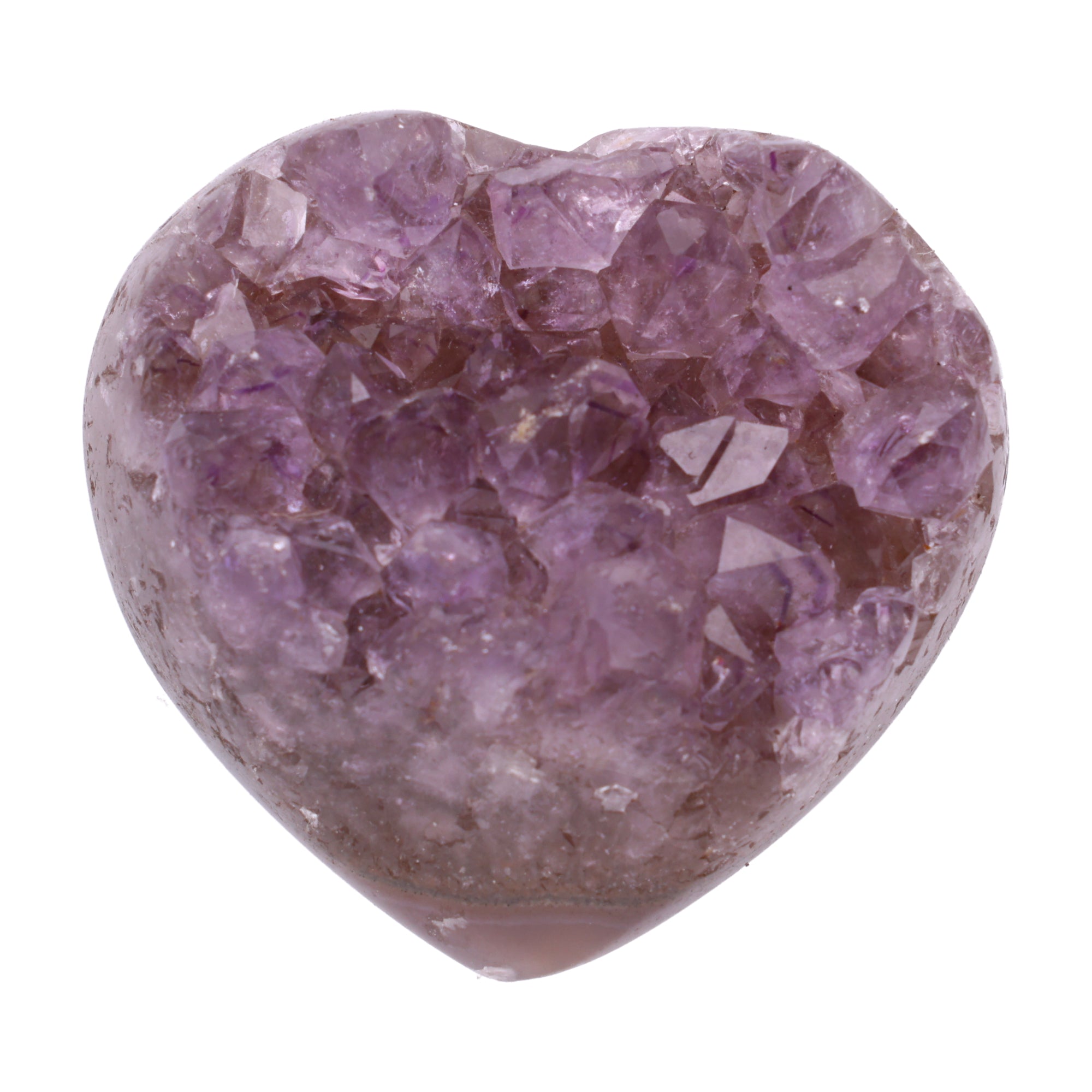 Kleines Amethyst Rainbow Herz mit natürlicher Druzy-Kristalloberfläche und Farbspiel aus Violett, Purpur und warmen Naturtönen.
