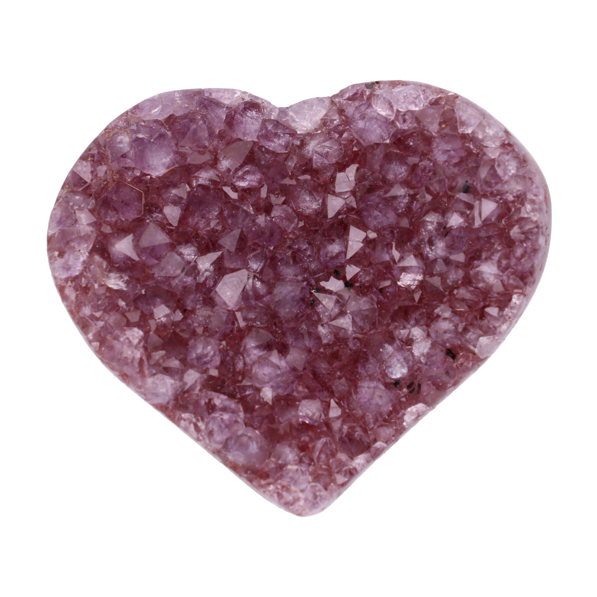 Kleines Amethyst Rainbow Herz mit natürlicher Druzy-Kristalloberfläche und Farbspiel aus Violett, Purpur und warmen Naturtönen.