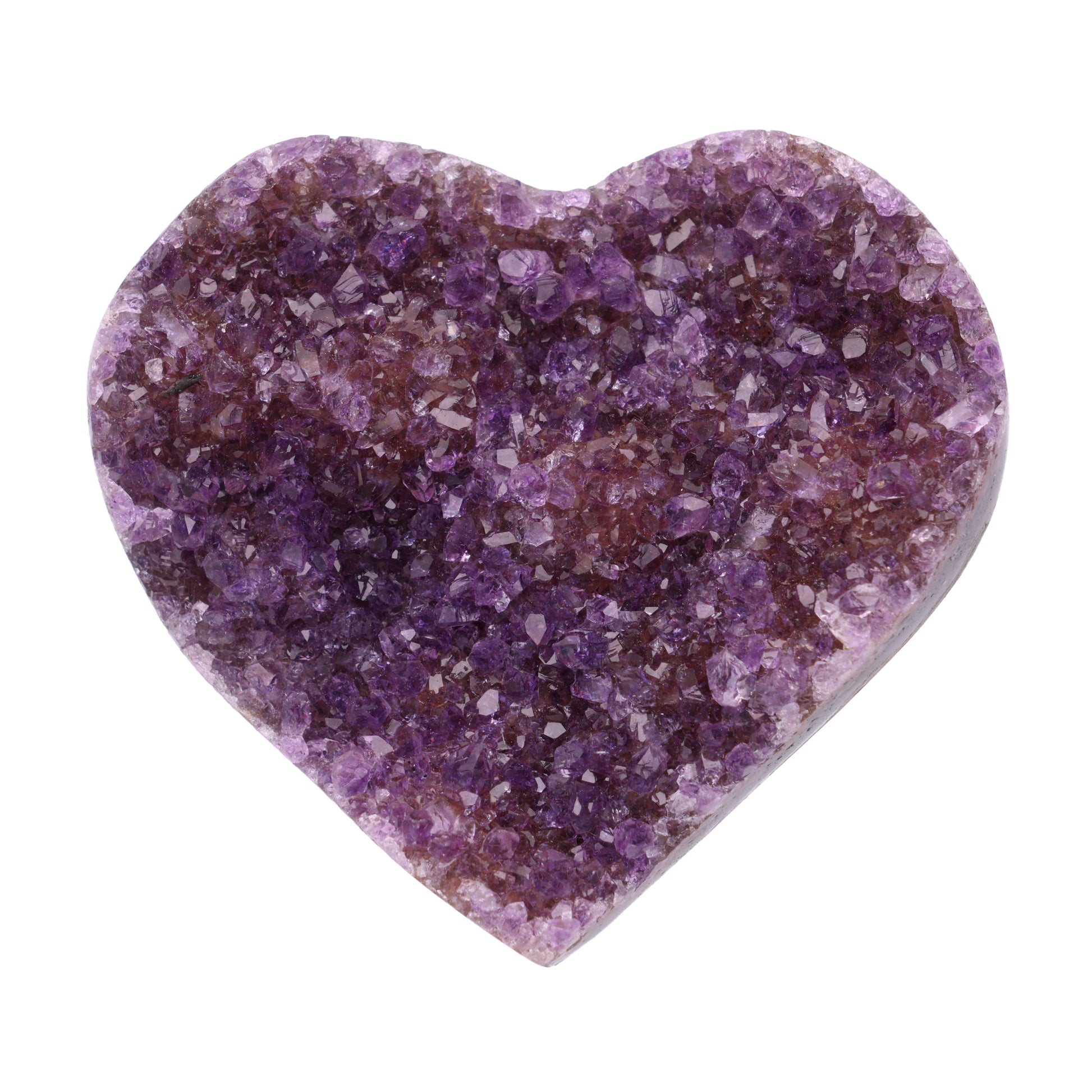 Kleines Amethyst Rainbow Herz mit natürlicher Druzy-Kristalloberfläche und Farbspiel aus Violett, Purpur und warmen Naturtönen.