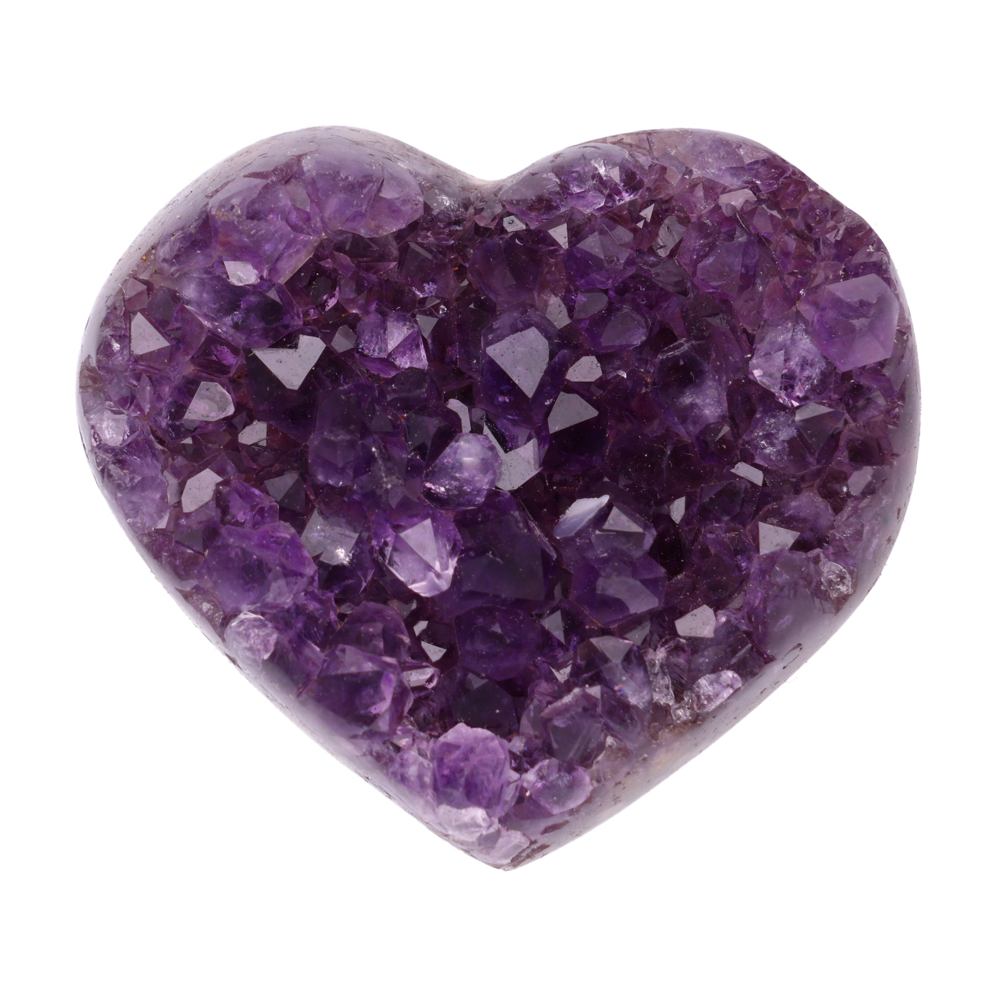 Kleines Amethyst Rainbow Herz mit natürlicher Druzy-Kristalloberfläche und Farbspiel aus Violett, Purpur und warmen Naturtönen.