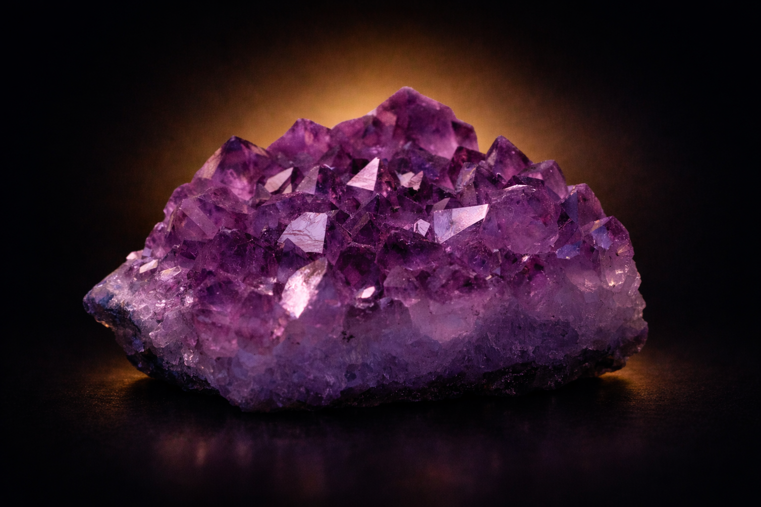 Zu sehen ist eine Fotografierte Amethyst Druse in Lila auf einer ablagefläche mit goldenen Hintergrundlicht im dunklen ambiente