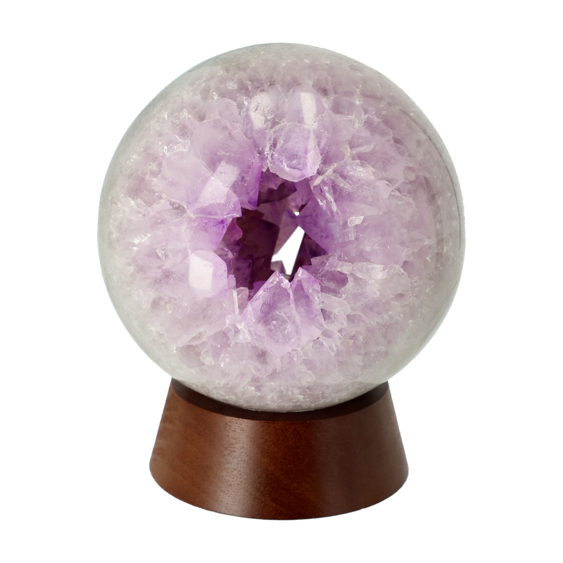 Große Amethyst Kugel aus Brasilien mit zentralem violettem Kristallfenster in heller Chalcedonmatrix auf Holzständer Einzelstück