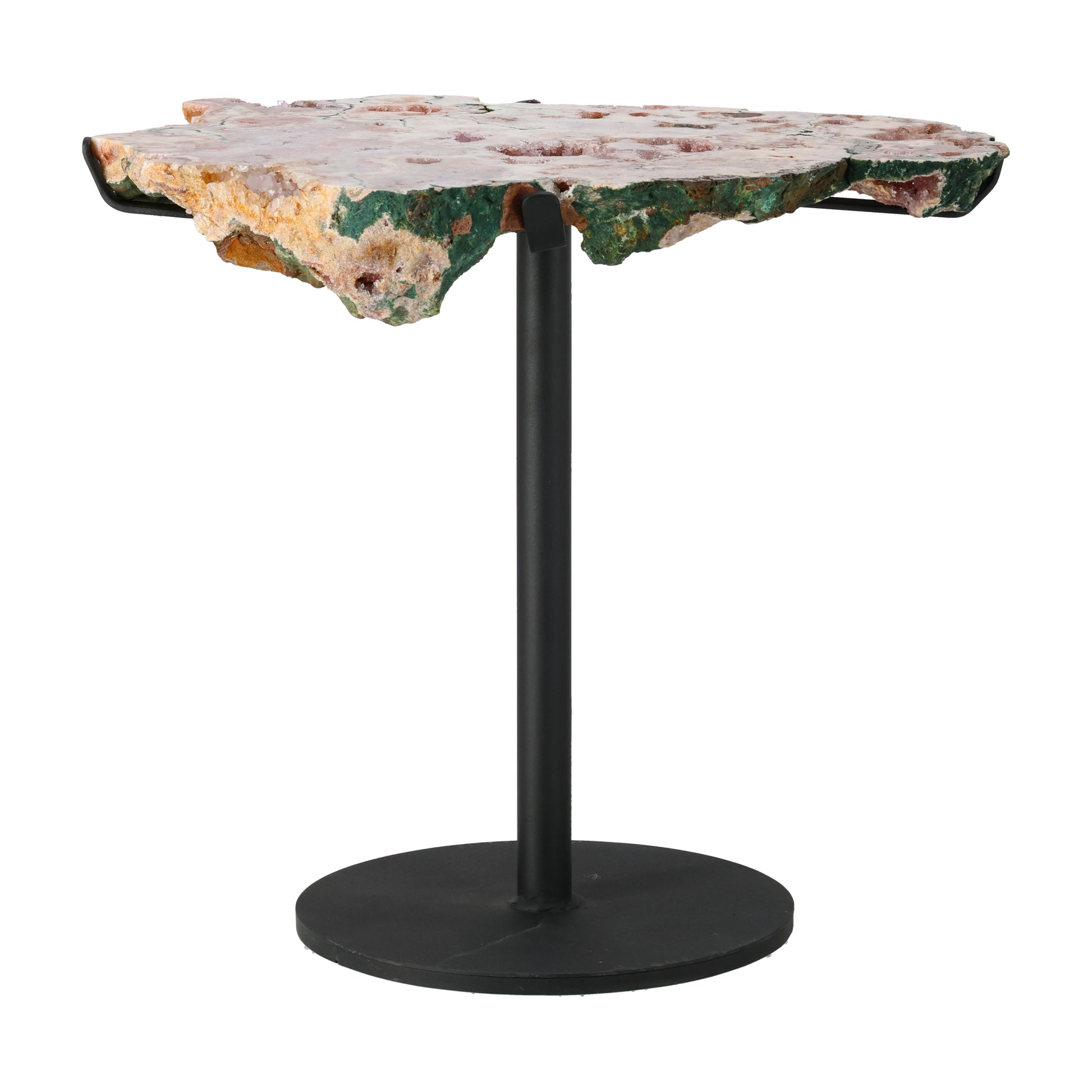 Pink Amethyst Tisch mit natürlicher Kristalloberfläche auf Metallständer – seltener Beistelltisch aus echtem Pink Amethyst mit roséfarbenen funkelnden Kristallen.