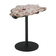 Pink Amethyst Tisch mit natürlicher Kristalloberfläche auf Metallständer – seltener Beistelltisch aus echtem Pink Amethyst mit roséfarbenen funkelnden Kristallen.