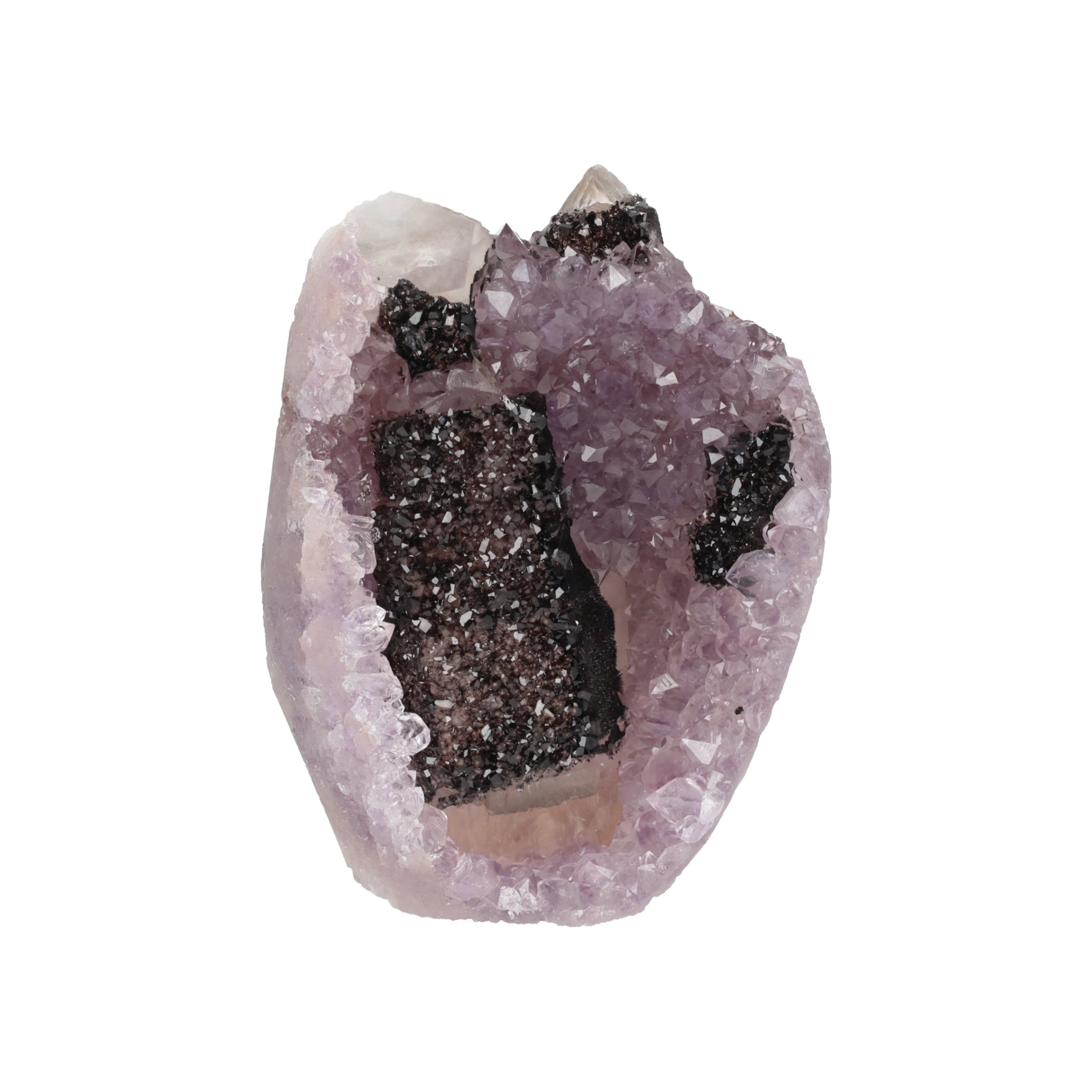 Obsidian Bloom - 0,483 kg Amethyst mit schwarzem Turmalin & Calcit - Uruguay Unikat (#543)