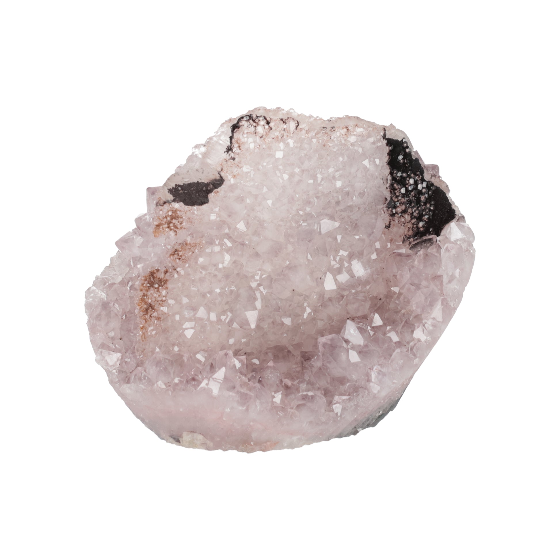 Heller Uruguay-Amethyst mit zentraler Kristallformation, schwarzem Turmalin, natürlicher Eisenoxidation und feinen funkelnden Kristallen als exklusives Sammlerstück.