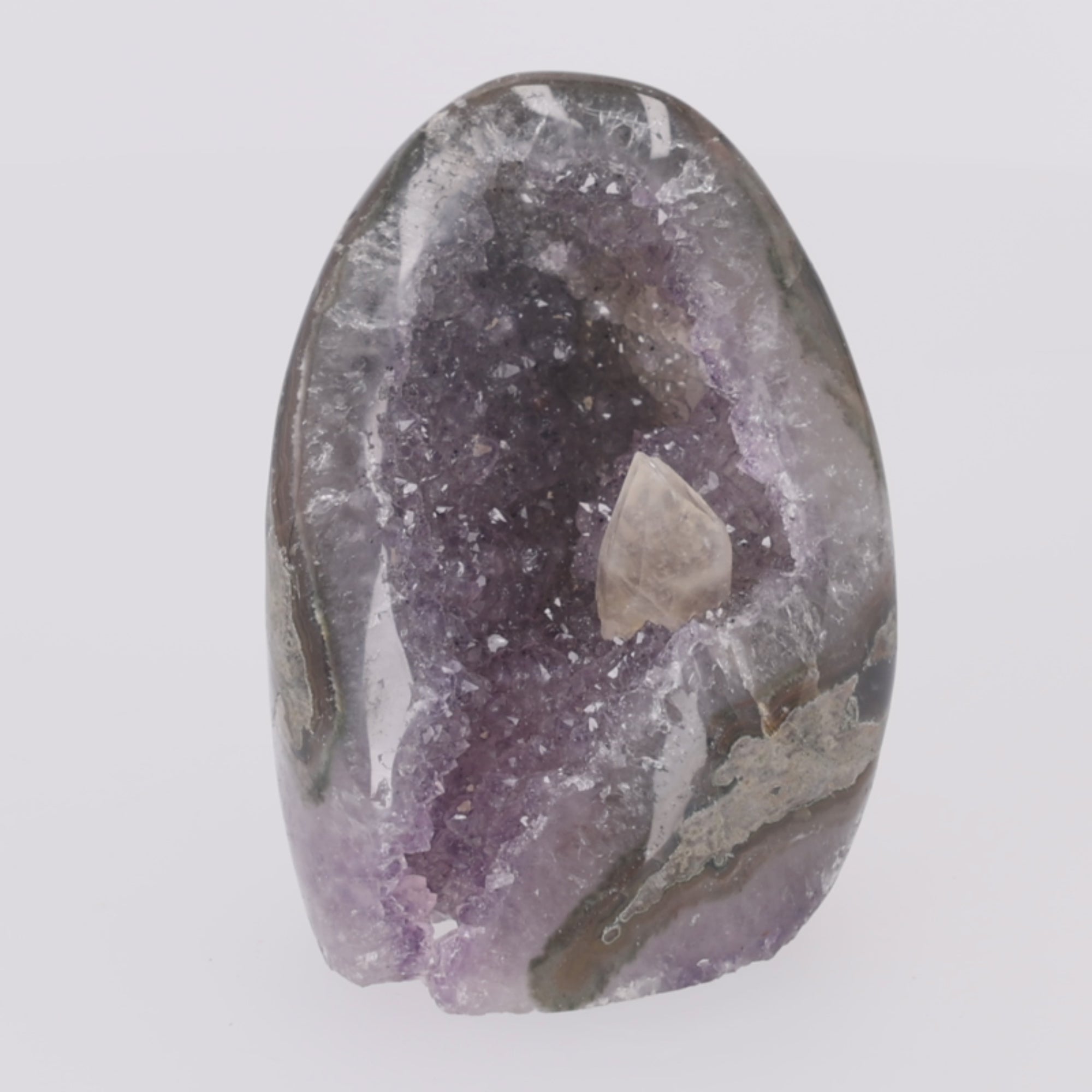Video laden: Silver Petal ✦ Amethyst-Druse mit Calcit | 986 g (#875)