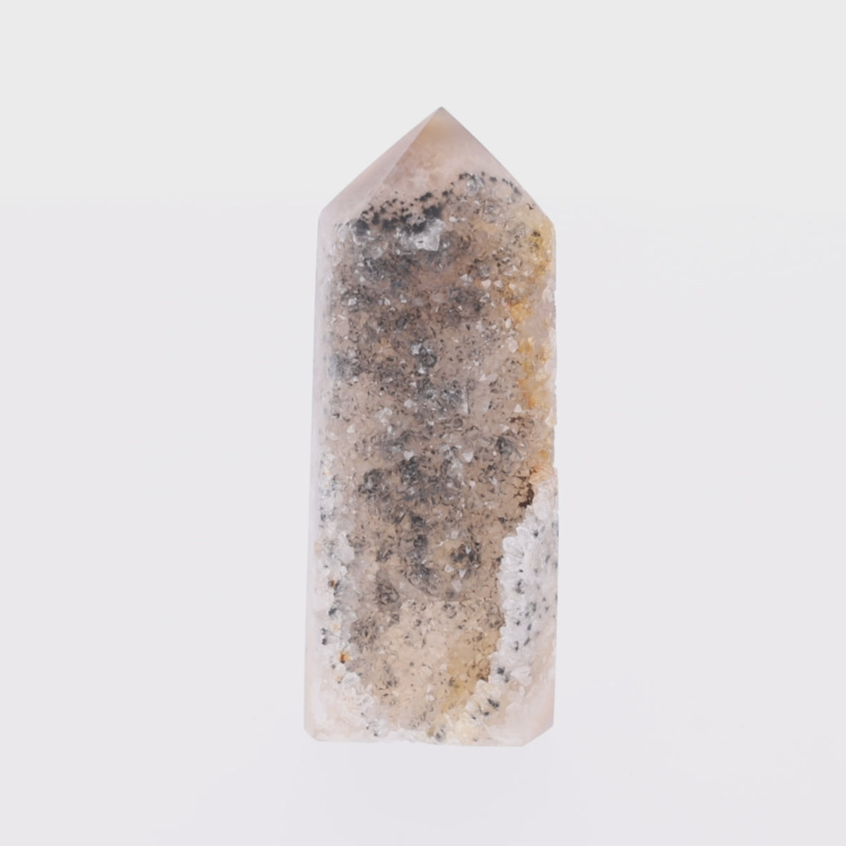 Load video: Aurora Spire – Achat Obelisk mit Kristalldruse – 200 g (#1462)