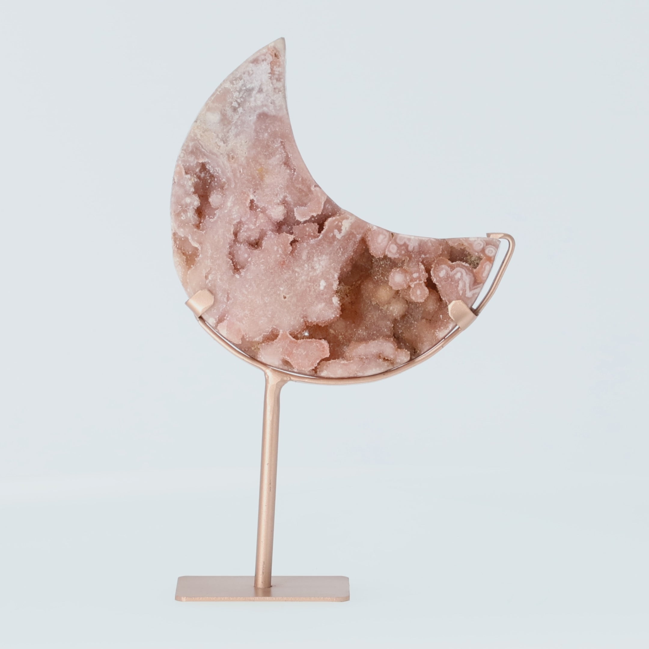 Video laden: Pink Amethyst Mond aus Brasilien auf roségoldenem Ständer – 28 cm hoch, 0,96 kg schwer