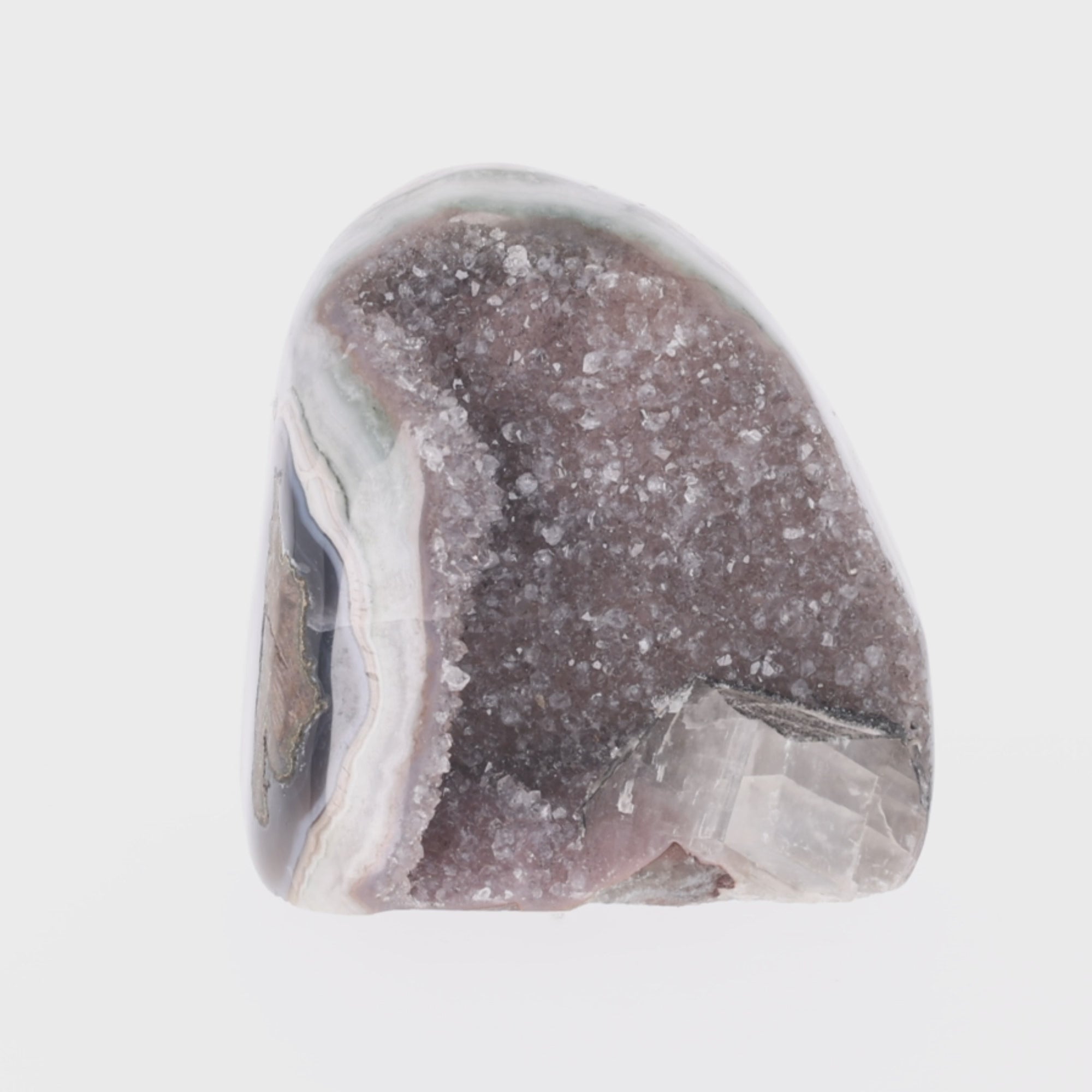 Video laden: Crystal Trinity – Amethyst mit Turmalin, Calcit &amp; Jaspis aus Uruguay – 521 g (#1451)