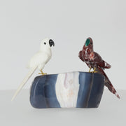Amethyst-, Bergkristall- oder Achatstein aus Brasilien mit handgearbeiteten Vogelminiaturen aus verschiedenen Natursteinen.