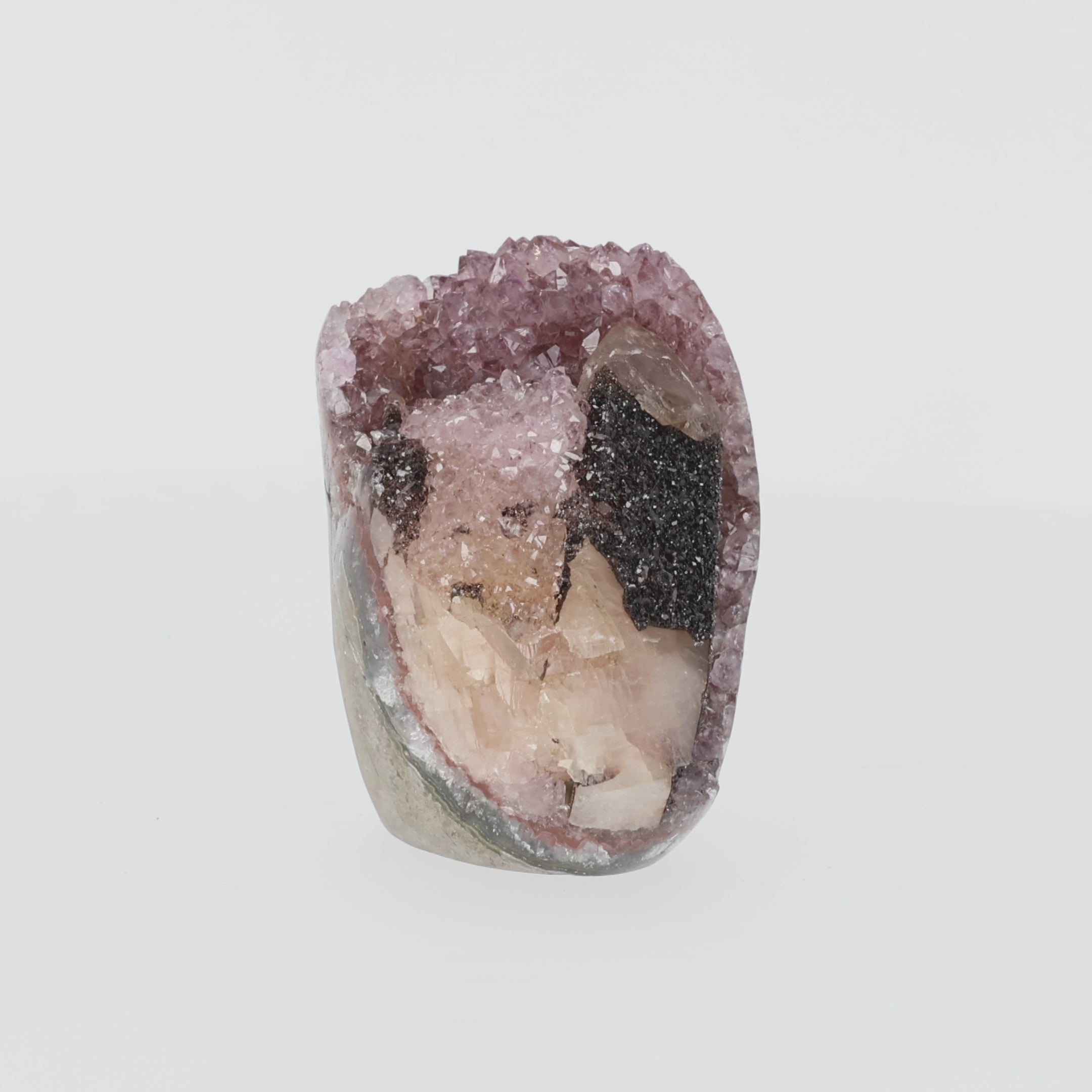 Video laden: French Rosé Amethyst mit Calcit &amp; Schwarzem Turmalin | Uruguay | 1,41 kg (#370)