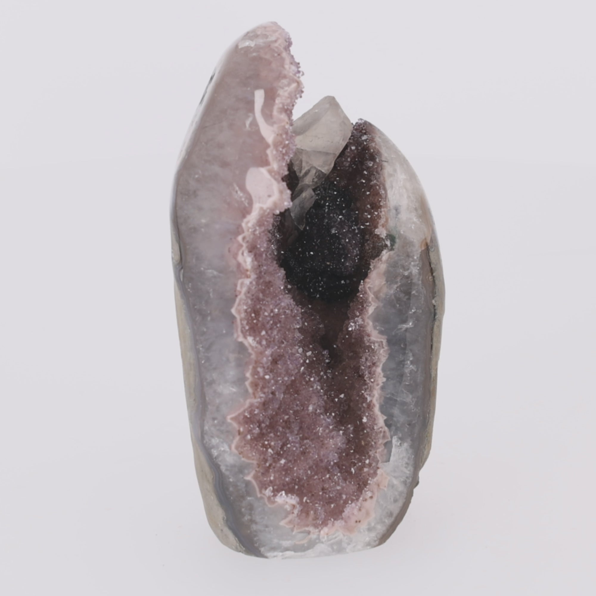 Video laden: Rose Eclipse ✦ Amethyst-Druse mit Calcit &amp; Turmalin aus Uruguay | 1.459 g (#866)